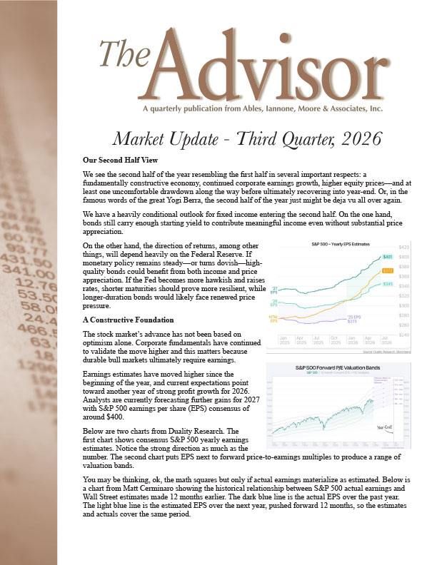 Newsletter titled ‘The Advisor – Market Update, Third Quarter 2025,’ discussing new U.S. tax provisions including senior deductions, SALT deductions, and federal income tax impacts for retirees and high earners.